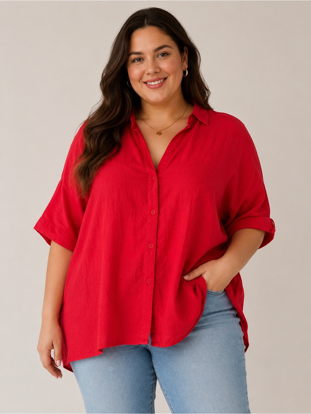 Max Studio Red Linen Blend Oversized Button Front Blouse Relaxed Fit | Size 1X
